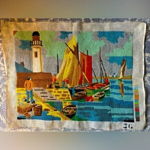 Vintage Harbor Scene Needle Point Art Crewel